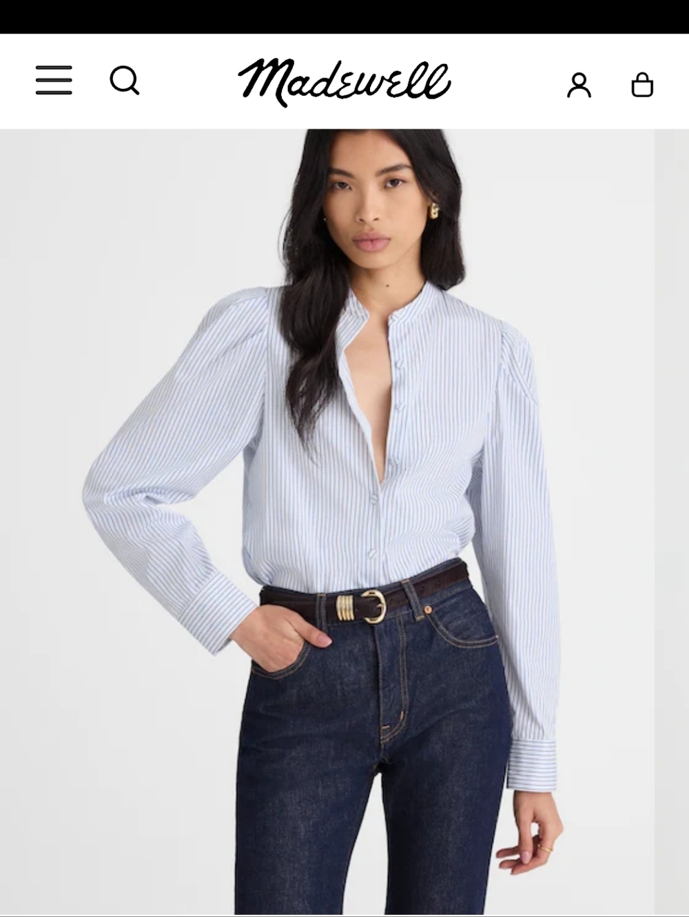 Madewell Puff-Sleeve Button-Up Shirt Blue and White Striped Small G219